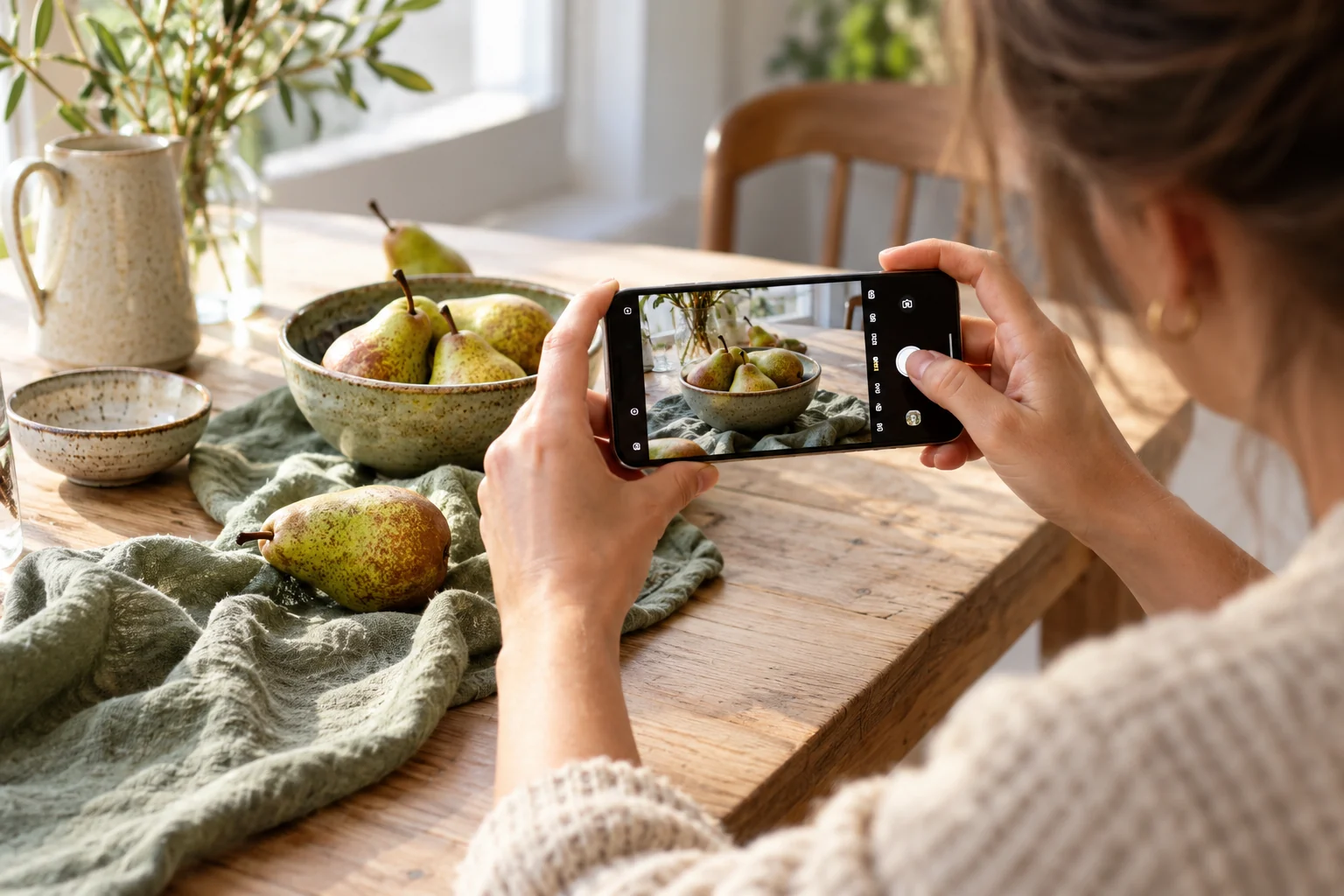 Met een Androidtelefoon een schaal peren fotograferen bij daglicht